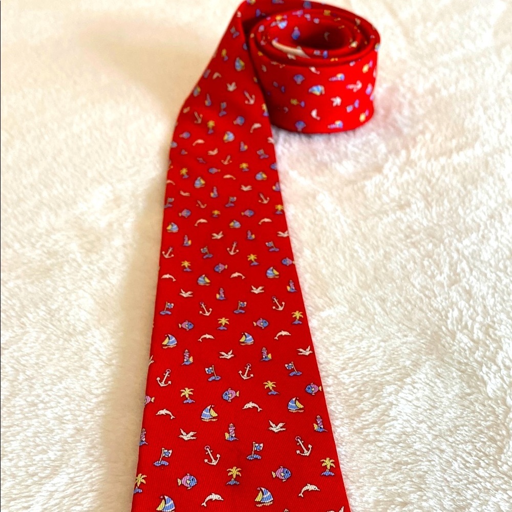 Salvatore Ferragamo Red & Blue Fish, Birds,Boats, Palms, Light House Anchors Tie